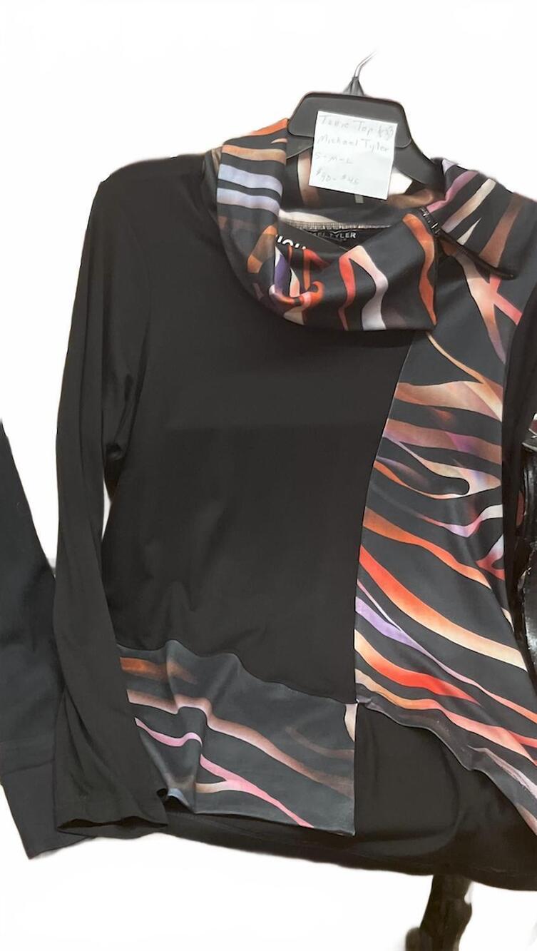 NEW MICHAEL TYLER women's long sleeve top in black / multi